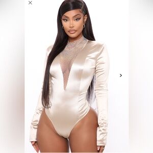 Satin Long Sleeve Bodysuit with Rhinestone Mesh V-Cut Neckline